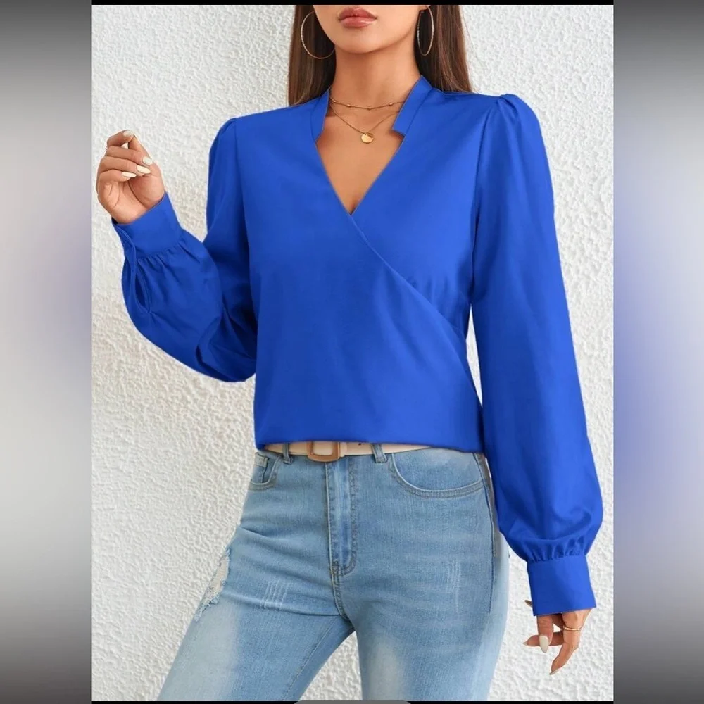 SHEIN Essnce Solid Notched Neck Wrap Detail Blouse size XS new without t… - Picture 5 of 12